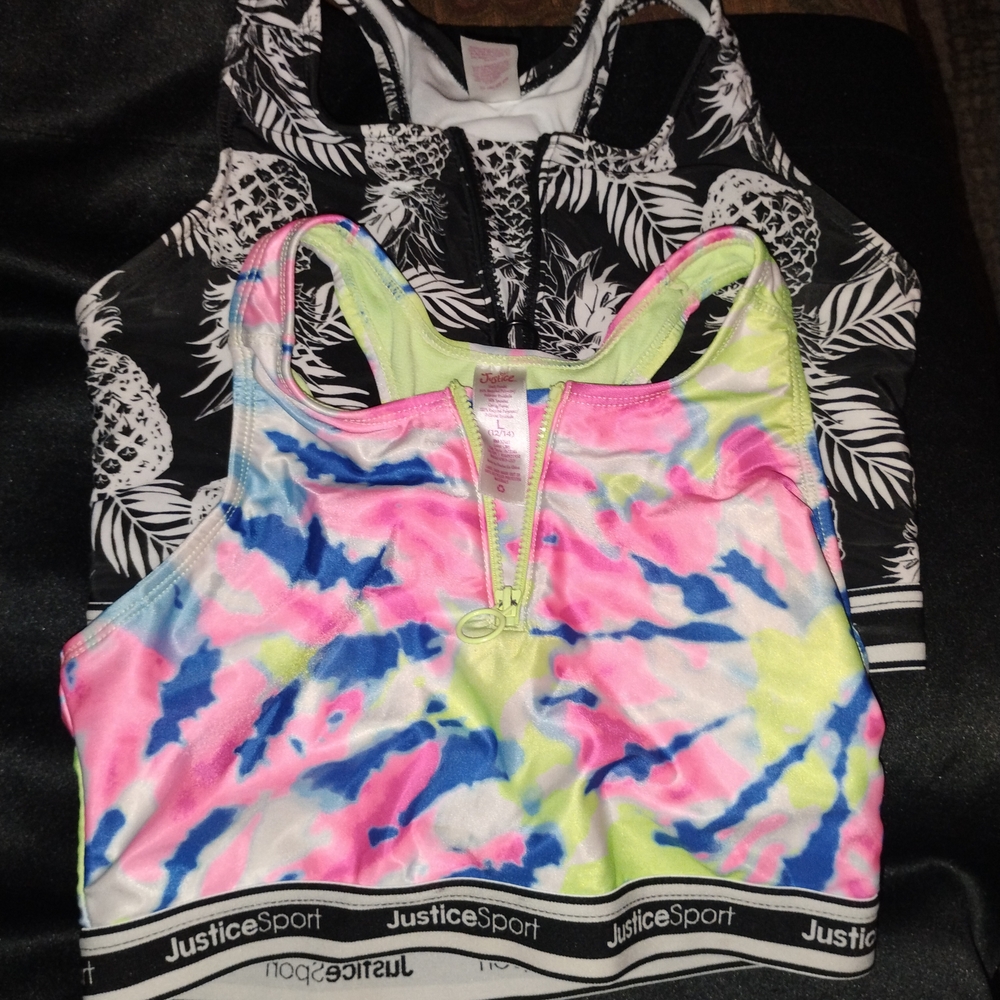 Justice Sport Tie-Dye and Black Leaf Print Bras